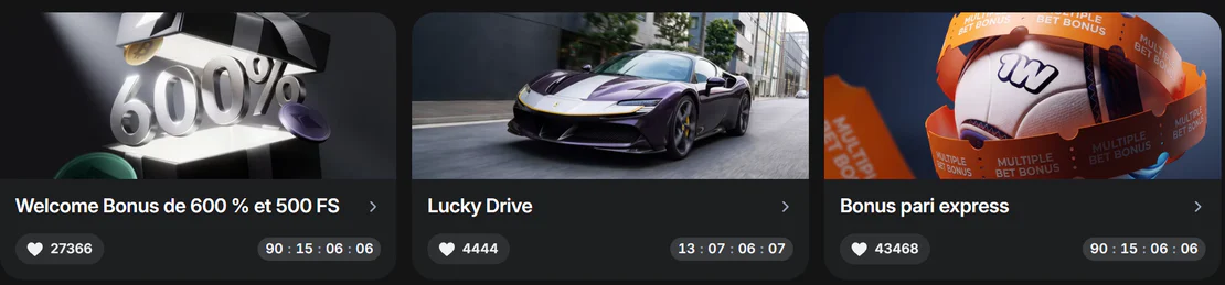 Capture d’écran montrant trois bonus du casino 1win : bonus de bienvenue 600 % et 500 FS, Lucky Drive et bonus pari express