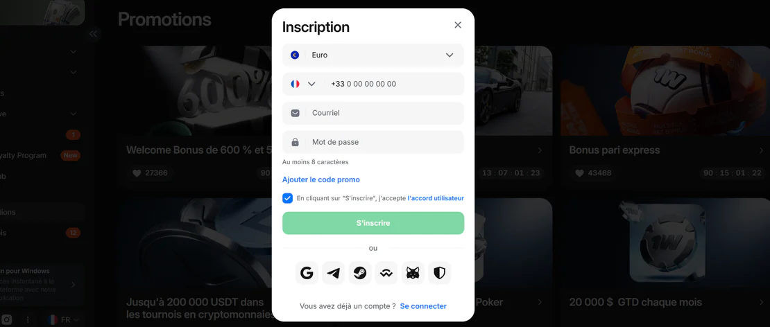 Fenêtre d’inscription au casino 1win avec choix de devise, téléphone, e-mail et mot de passe