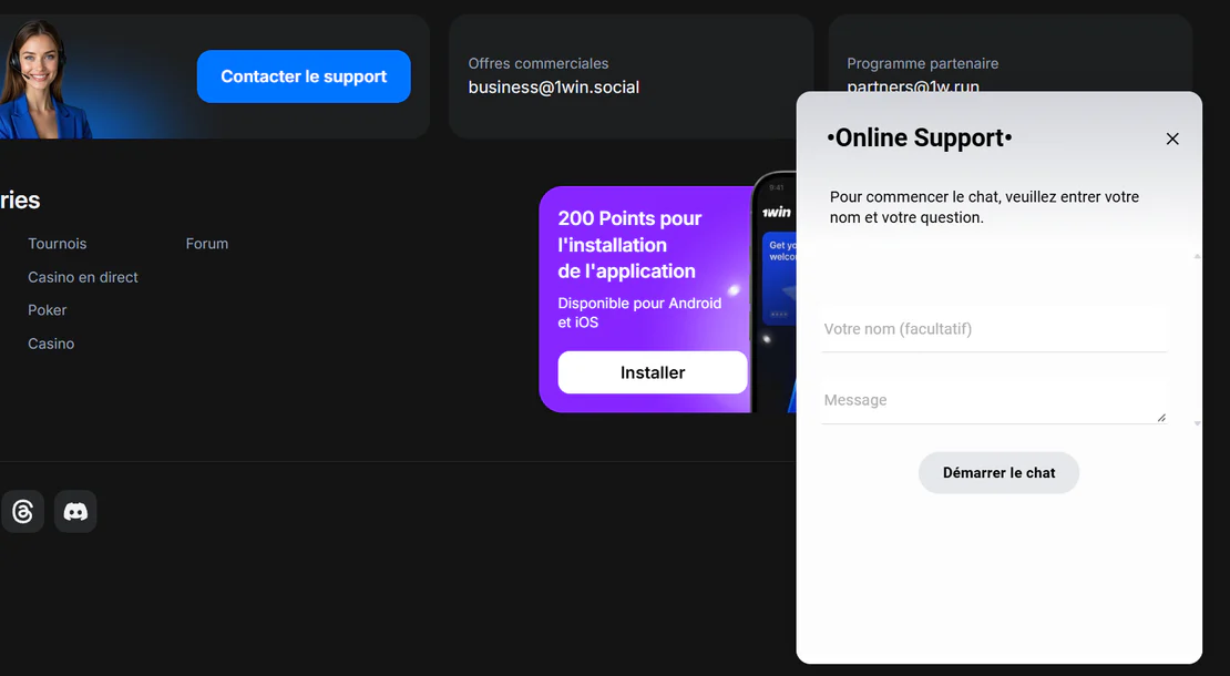 Fenêtre de support en ligne du casino 1win avec formulaire de chat et coordonnées de contact