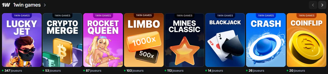 Sélection de jeux 1win Games avec Lucky Jet, Crypto Merge, Rocket Queen, Limbo, Mines Classic, Blackjack, Crash et Coinflip